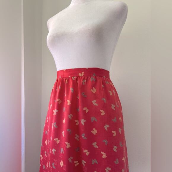 Vintage ‘80s Red Butterfly Print Lightweight A-Line Midi Skirt - Picture 4 of 7